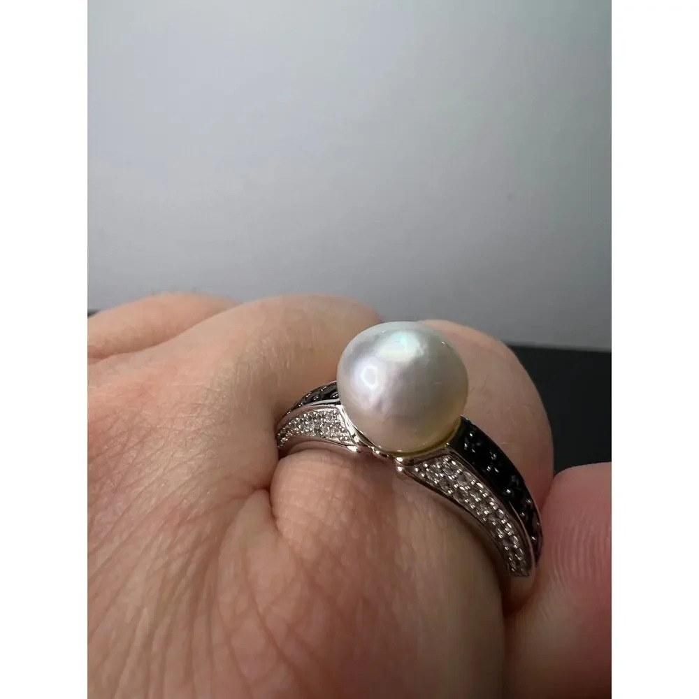 White cultured pearl and black spinel sterling silver ring size 9 - Picture 6 of 10